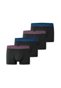 Schwarze Baumwoll-Boxershorts mit farbigen Taillenbündchen in Blau und Lila. Weicher Stoff mit passgenauem Design und Logodetail am Taillenbund.