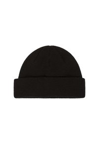 Berretto a maglia nero con risvolto, tessuto texture e design senza cuciture, adatto per un look casual in clima freddo.