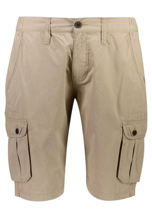 Beżowe szorty cargo wykonane z lekkiego materiału, z dwoma bocznymi kieszeniami z klapami, zapięciem na guzik oraz widocznymi detalami szycia.