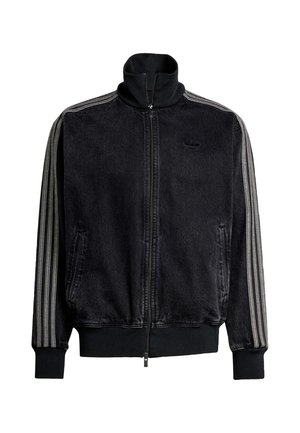Black zip-up jacket with high collar, featuring two vertical gray stripes on each sleeve and ribbed cuffs and hem. Textured denim material.