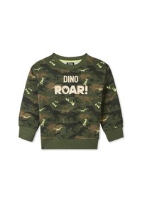 Zielona bluza w kamuflażu z czarnymi nadrukami dinozaurów, wyraźnym napisem "DINO ROAR!" w kremowym kolorze, z długimi rękawami oraz ściągaczami przy mankietach i dolnym wykończeniu.