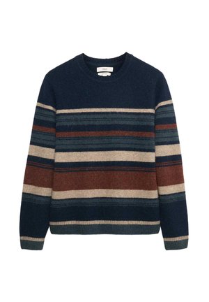 Marineblå sweater med rund hals, prydet med vandrette striber i beige, rust og teal. Fremstillet af blødt, tekstureret materiale.