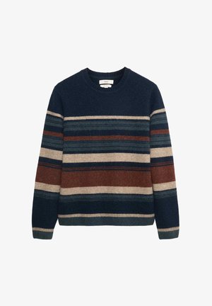 Maglione blu navy con collo rotondo, caratterizzato da righe orizzontali in beige, ruggine e teal. Realizzato in materiale morbido e testurizzato.