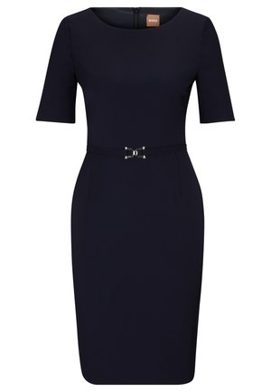 Navy fitted dress with a round neckline, short sleeves, and a silver buckle detail on the waist. Made from smooth fabric with a sleek silhouette.