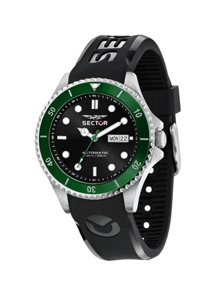 Black automatic watch with a stainless steel case, green bezel, and black silicone strap. Features a black dial, white hour markers, and date display.