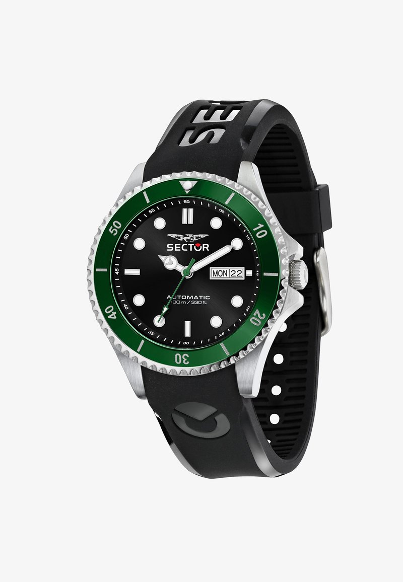 Sort automatisk ur med et rustfrit stålhus, grøn bezel og sort silikonearmbånd. Funktioner inkluderer en sort urskive, hvide time-markører og datovisning.