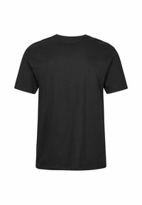 Enostavna črna majica s kratkimi rokavi in okroglim ovratnikom, prikazana od zadaj, z ravnim robom in brez vidnih logotipov ali vzorcev.