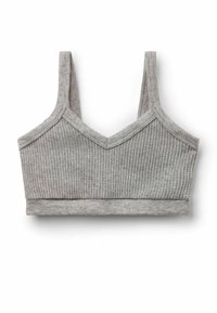 Bralette en coton gris avec une texture côtelée, décolleté en V et larges bretelles. Présente une bande douce en bas.