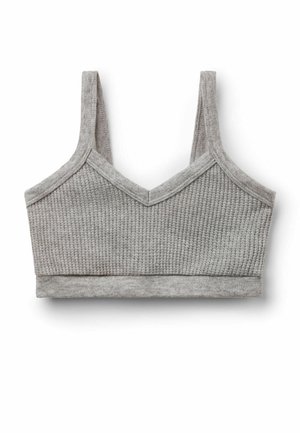 Bralette grigia in cotone con texture a coste, scollatura a V e spalline larghe. Presenta una morbida fascia nella parte inferiore.