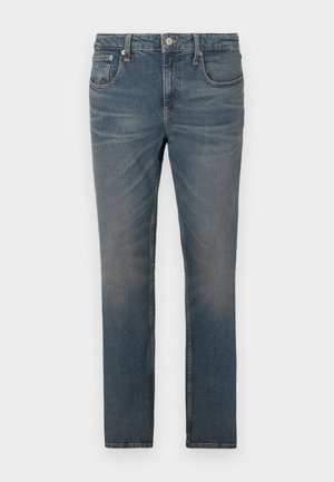 Heren slim-fit blauwe denim jeans met een lichte vervaging en klassiek vijf-pocket ontwerp, weergegeven tegen een witte achtergrond.