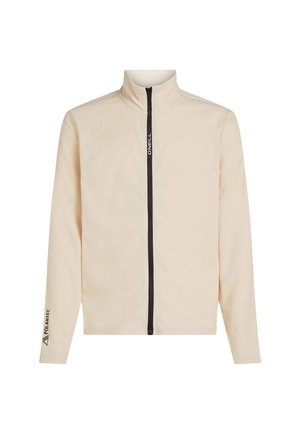 Crèmegekleurde fleecejack met een hoge kraag, volledige ritssluiting en logo-accenten op de borst en mouw. Het heeft lange mouwen en een zachte textuur.