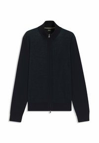 Marineblauer Reißverschluss-Kardigan mit geripptem Kragen und Bündchen; strukturierter oberer Abschnitt und glatter unterer Abschnitt; dezenter Glanz auf dem Stoff.
