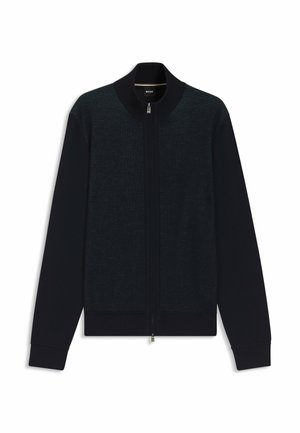 Cardigan zip-up blu navy con colletto e polsini a coste; sezione superiore testurizzata e sezione inferiore liscia; leggera lucentezza sul tessuto.