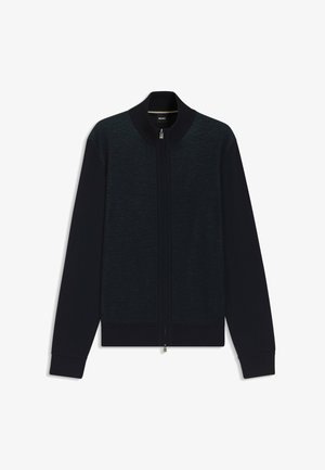 Marineblauer Reißverschluss-Kardigan mit geripptem Kragen und Bündchen; strukturierter oberer Abschnitt und glatter unterer Abschnitt; dezenter Glanz auf dem Stoff.