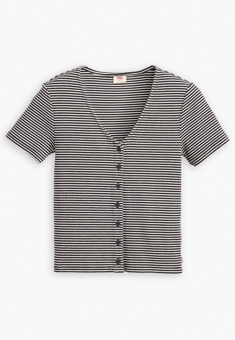 Chemise à manches courtes rayée noire et blanche avec col en V, posée à plat sur fond blanc.
