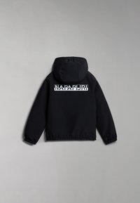 Black zip-up jacket with a hood, featuring a large white "NAPAPIJRI" logo on the back, elastic cuffs, and a cinched hem. Smooth texture.