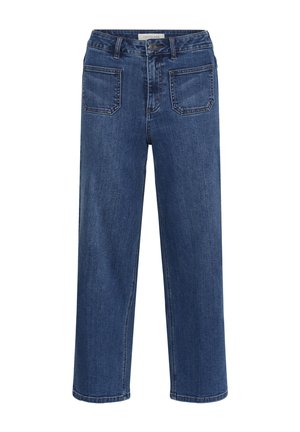 Jean en denim bleu à jambe droite avec poches avant plaquées, passants pour ceinture et fermeture à bouton à la taille.