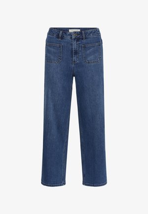 Jean en denim bleu à jambe droite avec poches avant plaquées, passants pour ceinture et fermeture à bouton à la taille.