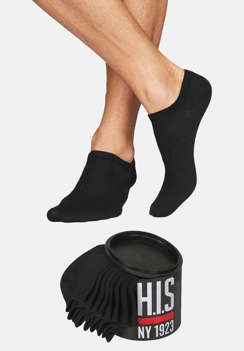 Calzini neri alla caviglia in misto cotone, con bordo a costine. Confezionati in un contenitore rotondo nero con un logo bianco.