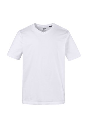 Witte katoenen T-shirt met korte mouwen en een V-hals. Glad van textuur, standaard pasvorm, zonder patronen of versieringen.