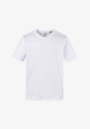 Hvid bomulds T-shirt med korte ærmer og V-hals. Glat tekstur, standard pasform, ingen mønstre eller dekorative elementer.