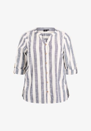 Overhemd met kraag en knopen, met driekwart mouwen. Gemaakt van lichtgewicht stof met verticale marineblauwe en crèmekleurige strepen.