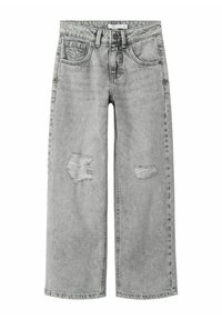 Vaqueros de denim gris con un corte holgado, que presentan dos parches desgastados en las rodillas y un estilo tradicional de cinco bolsillos. Terminan con un cierre de botón.