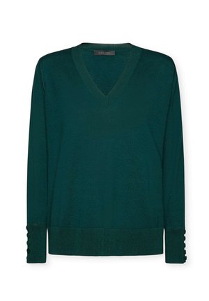 Maglione verde a V con maniche lunghe, caratterizzato da dettagli con bottoni sui polsini e una finitura testurizzata. Materiale a maglia liscia.