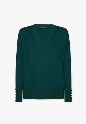 Maglione verde a V con maniche lunghe, caratterizzato da dettagli con bottoni sui polsini e una finitura testurizzata. Materiale a maglia liscia.