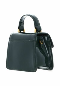 Sac à main en cuir verni vert avec un design structuré, une finition texturée, des accents en métal doré et une anse courte.