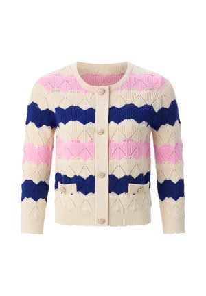 Gebreid vest met ronde hals, met crème, roze en marineblauwe zigzagpatronen, knopen aan de voorkant en twee kleine zakjes met knopen.