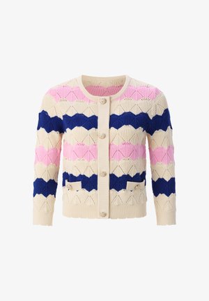 Gestrickte Strickjacke mit rundem Ausschnitt, mit cremefarbenen, rosa und marineblauen Zickzackmustern, Knöpfen vorne und zwei kleinen Taschen mit Knöpfen.