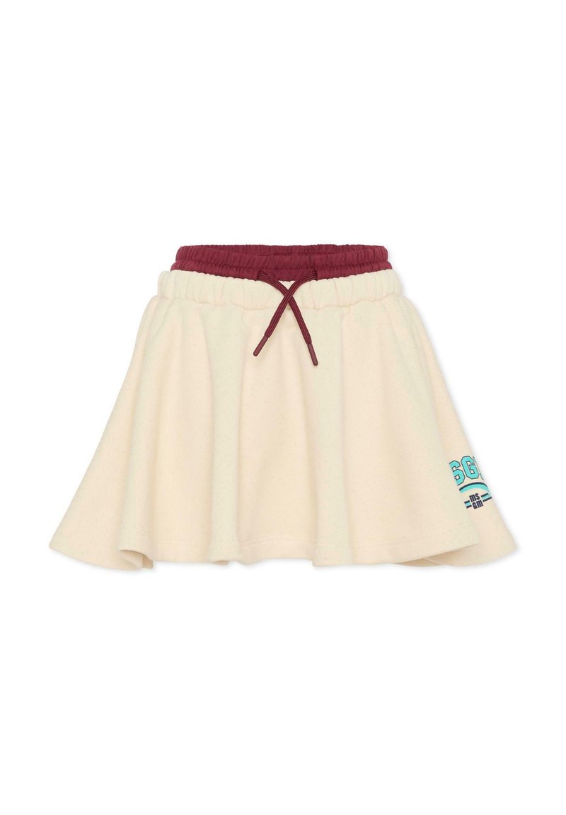Beige katoenen rok met een elastische bordeauxrode tailleband, trekkoord, uitlopende stijl en turquoise grafisch detail aan de zoom.