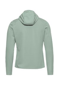 Hellgrüner Kapuzenpullover mit strukturierter Rippenoptik, langen Ärmeln und figurbetonter Silhouette. Rückansicht zeigt Details der Kapuze.