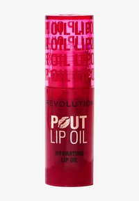 Rød gjennomsiktig leppeoljedispenser med en rosa hette. Teksten inkluderer "POUT LIP OIL" og "HYDRATING LIP OIL" i svarte og sølvfarge. Sirkulær bunn.