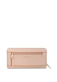 Pink leather wallet with a zip closure and a front pocket. Features subtle white polka dots and gold-colored hardware. Brand name embossed.