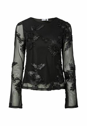 Must selja pikkade läbipaistvate varrukatega, millel on keerukas lilleline tikand; pehme tekstuur, ümara kaelusega ja istuva disainiga.