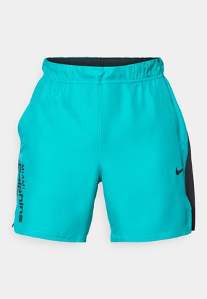 Turquoise athletic shorts made of smooth fabric with a black side panel, featuring a logo and text on the left leg. Elastic waistband for comfort.