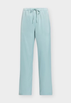 Pantalon bleu clair à taille élastique avec cordon, jambes droites et sans poches visibles, présenté sur un fond uni.
