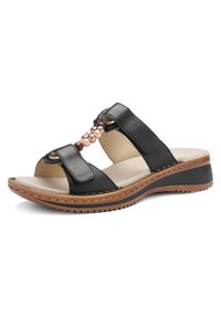 Sort sandal med åben tå, to justerbare remme og dekorative brune og lyserøde perler over polstret sål og struktureret ydersål.