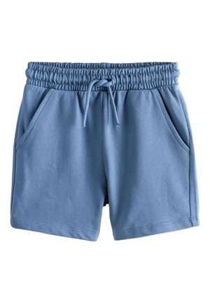 Modré elastické šortky s šnúrkou v páse a bočnými vreckami, vyrobené z mäkkej látky, navrhnuté na bežné nosenie.