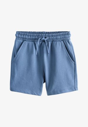 Blue elastic waist shorts with drawstring and side pockets, made of soft fabric, designed for casual wear.