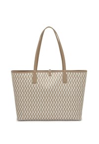 Bolsa tote beige con estampado, hecha de material sintético, con dos asas para el hombro y cierre con cremallera en la parte superior. Textura suave.