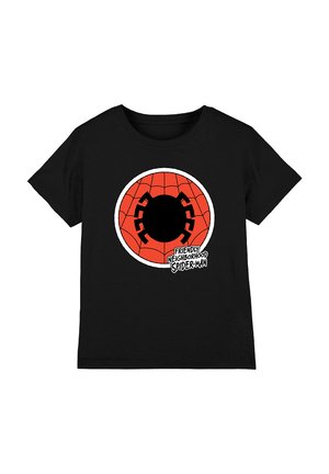 Black t-shirt featuring a circular red spider web design with a black spider silhouette and text reading "Friendly Neighborhood Spider-Man."