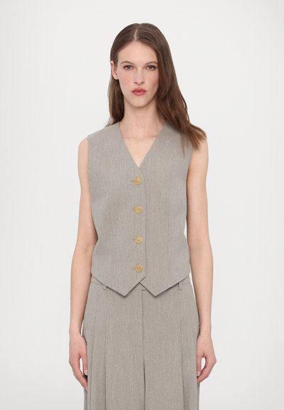 Gray sleeveless vest with a V-neck design, featuring five buttons and a pointed bottom hem. Textured fabric with a subtle pattern.