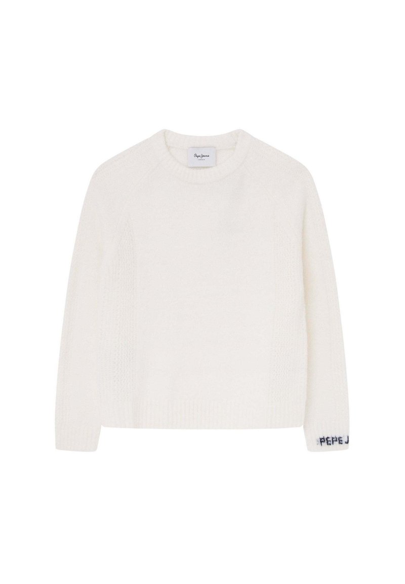 Weißer Strickpullover mit rundem Halsausschnitt, Raglanärmeln, strukturierten Mustern auf dem Körper und einem Logo auf dem Bündchen in Marineblau.