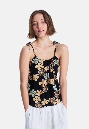 Schwarzes, ärmelloses Oberteil mit Blumenmuster in Orange, Blau und Braun. Verfügt über verstellbare Schulterbänder und eine lockere Passform.