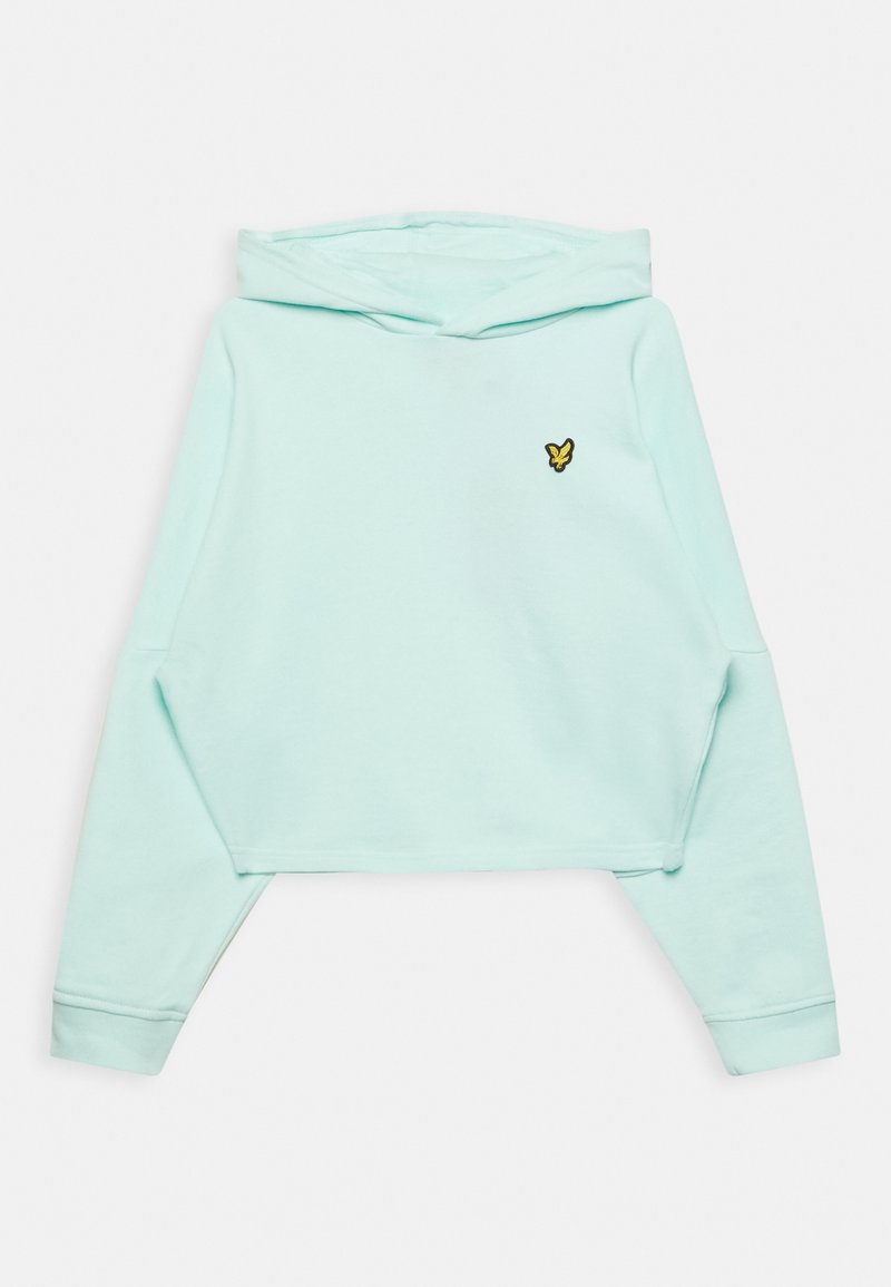 Gekürzter Hoodie aus hellmintgrünem Baumwollstoff mit langen Ärmeln und kleinem gelbem Schmetterlingslogo auf der Brust. Weiche, glatte Textur.