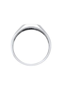 Silver ring with a polished finish, featuring a geometric design and a smooth, rounded band. Interior displays clean lines and minimal detailing.
