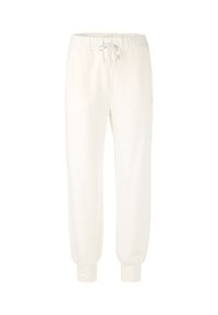 Weiße Jogginghosen aus weichem Stoff, mit einem elastischen Bund und Kordelzug sowie schmal zulaufenden Beinen mit gerippten Bündchen.